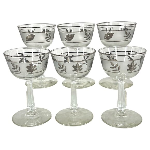 6 Vintage Libbey Silver Leaf Champagne Glasses Cocktail Barware Goblet 5 IN  Set - Picture 1 of 6